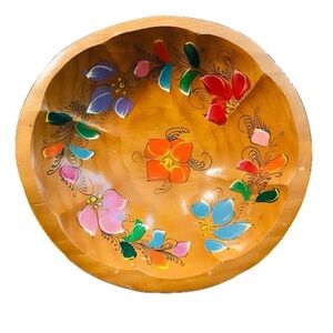 Vintage Carved Wood Bowl Painted Flowers Vines Floral Boho Folk Art pink green